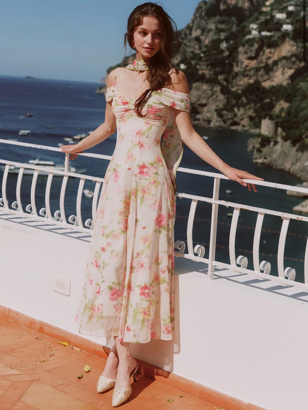 Lacemade Floral Off-Shoulder Midi Dress in Light Pink - Spring in Amalfi